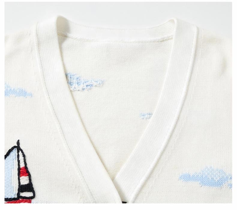 Thom Browne Style Contrast Sailboat Embroidered V-Neck Cardigan