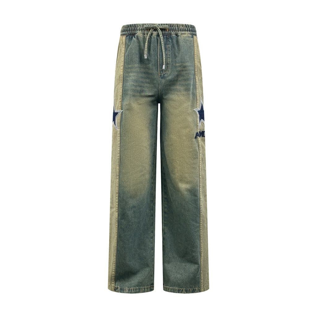 AMIRI Star‑Patch Elastic Waist Wide‑Leg Denim Pants