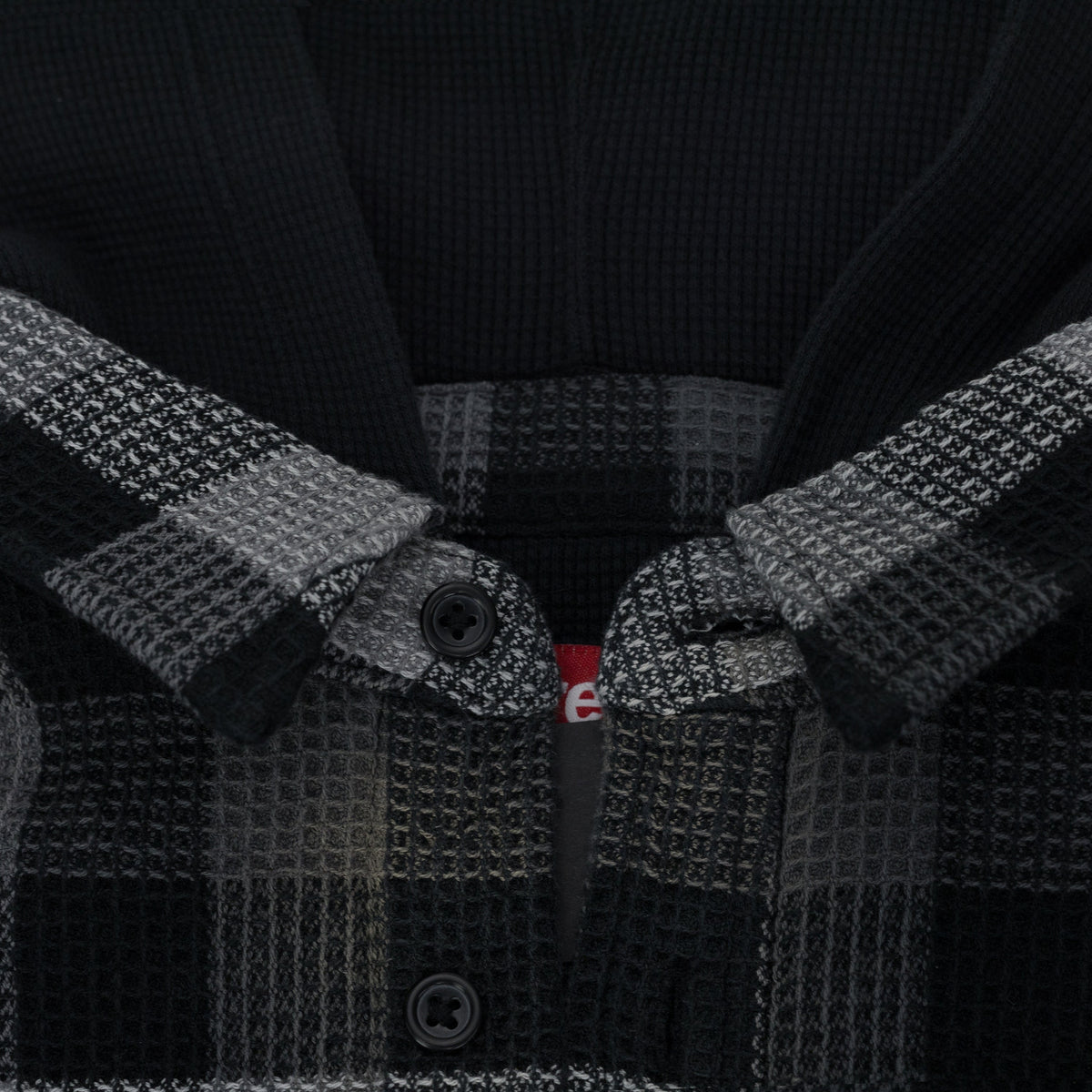 Black Multicolor Plaid Waffle Hooded Jacket