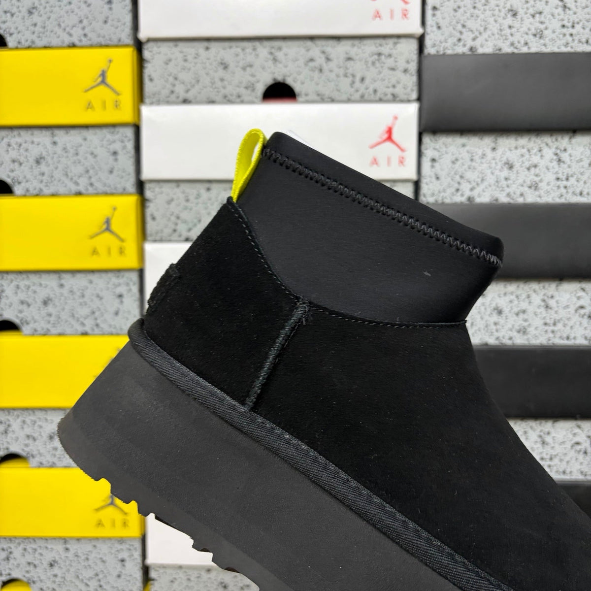 UGG Classic Mini Weather Hybrid Women's Boot – Suede & Stretch Collar Ankle Boot with Neon Yellow Pull Tab, UGG SugrSole & Weather-Resistant Construction in Black