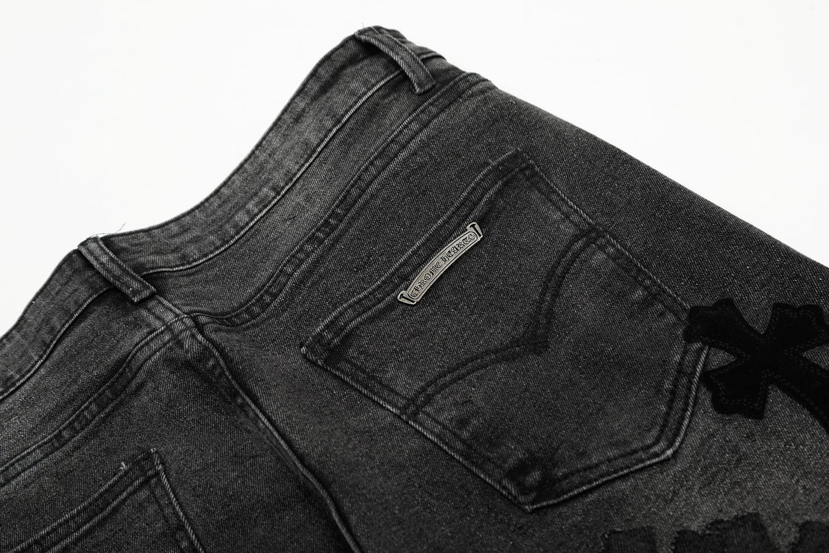 Chrome Hearts Black & Grey Silver Cross Patch Jeans