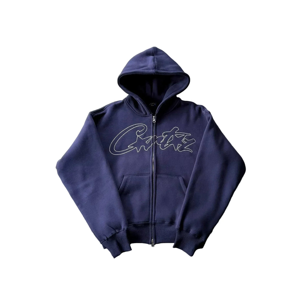 Corteiz Vibe Knit Cardigan Hoodie Set – Navy Blue