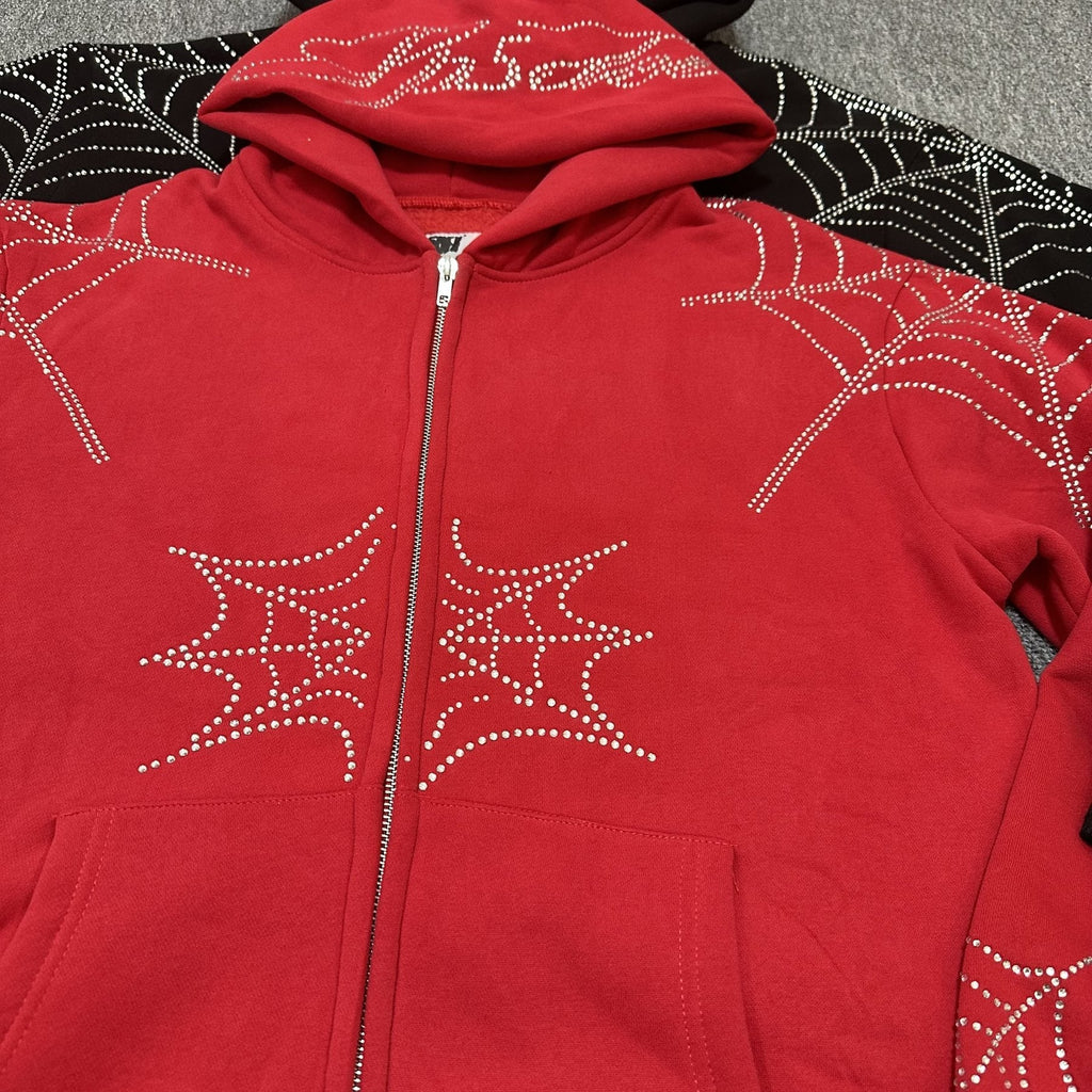 Sp5der Rhinestone Spiderweb Zip Hoodie & Pants Matching Set