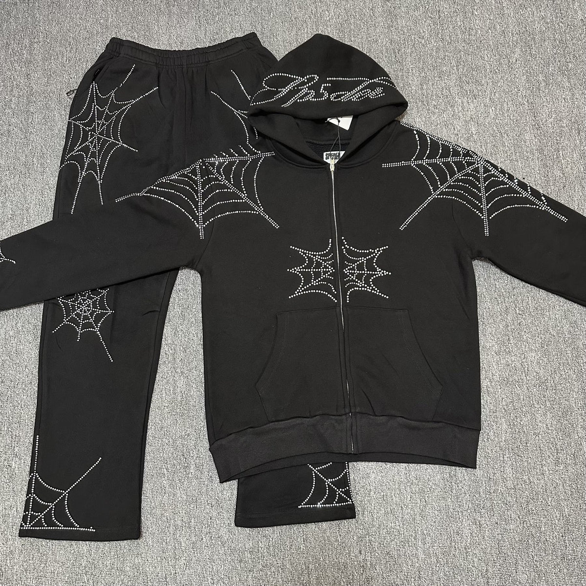 Sp5der Rhinestone Spiderweb Zip Hoodie & Pants Matching Set