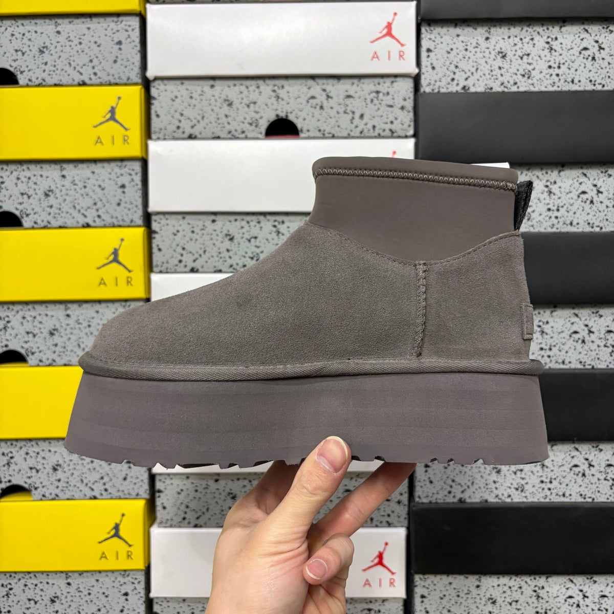 UGG Classic Mini Weather Hybrid Women's Boot – Suede & Stretch Collar Ankle Boot with Orange Pull Loop, UGG SugrSole & Weather-Resistant Construction in Grey