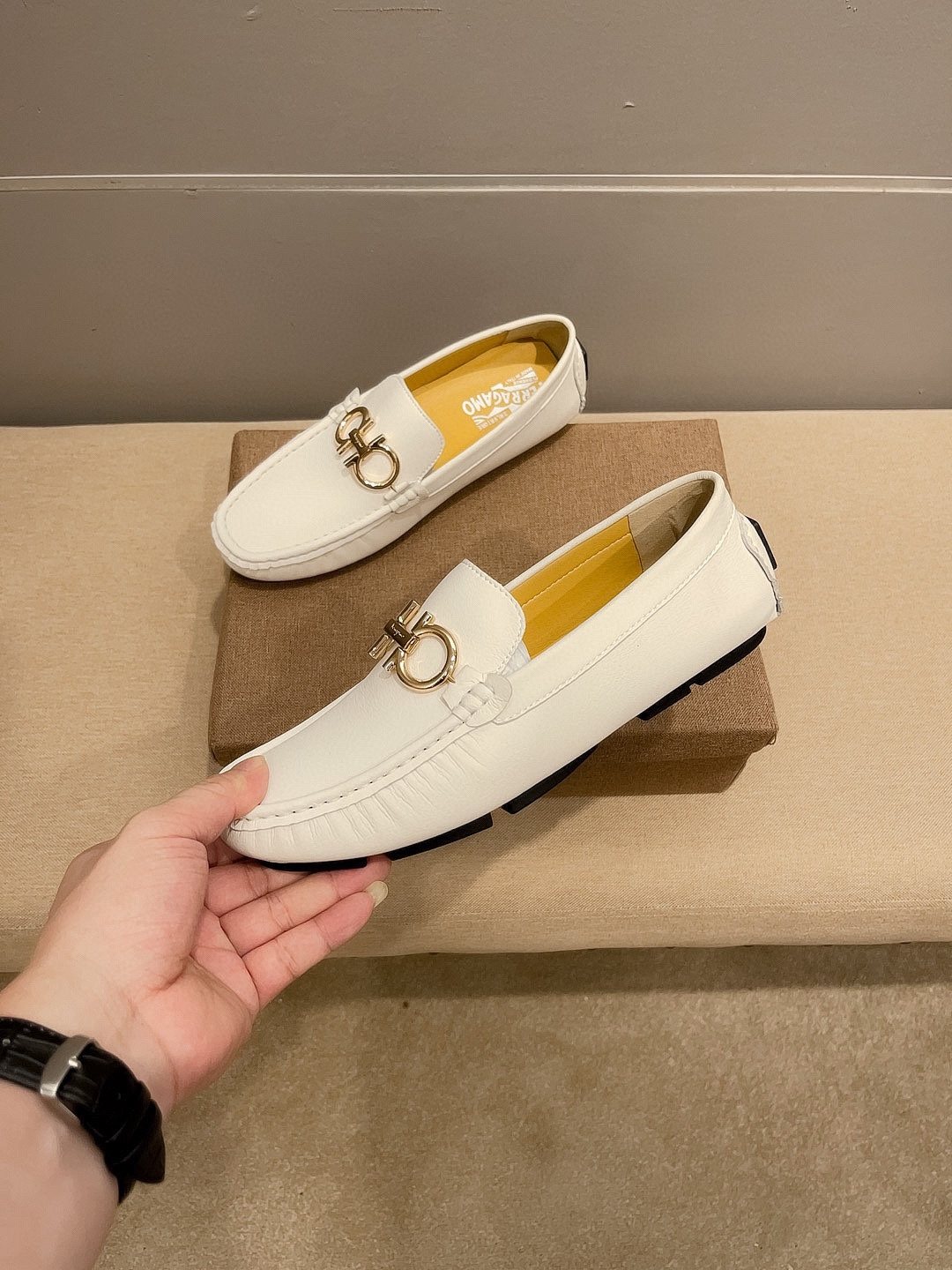 Ferragamo Men's White Hardware Loafers