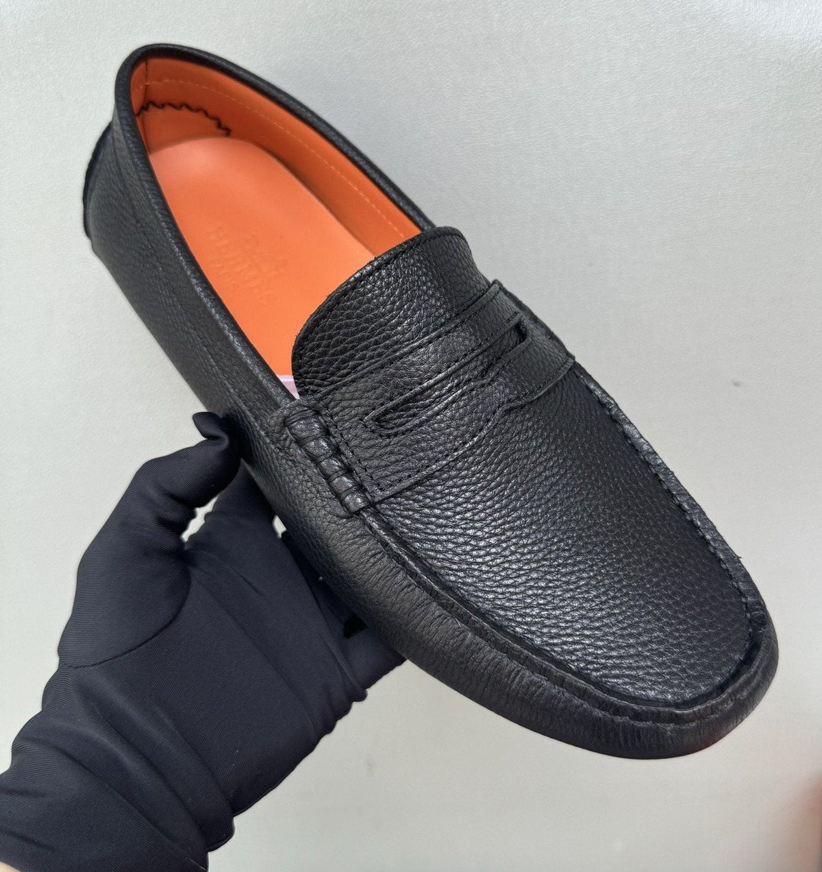 Hermès Men's Black Textured Penny Loafers