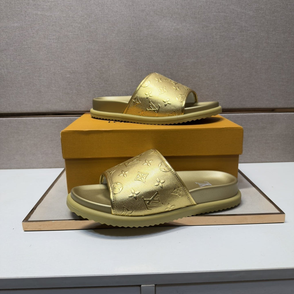 Louis Vuitton Embossed Metallic Slide Sandals